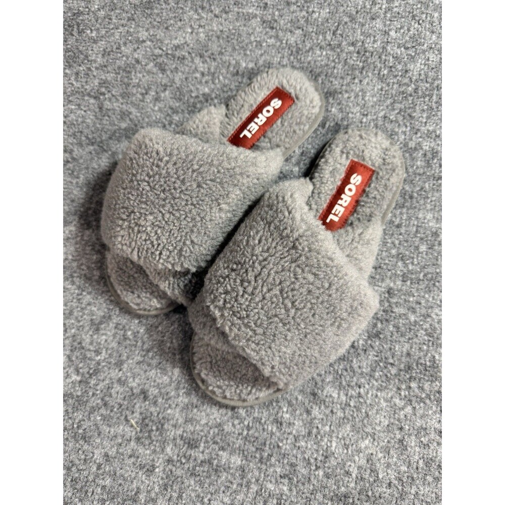 Sorel Women’s Go‑Mail Run Slippers – Grey/Quarry – Faux Fur – Size 8